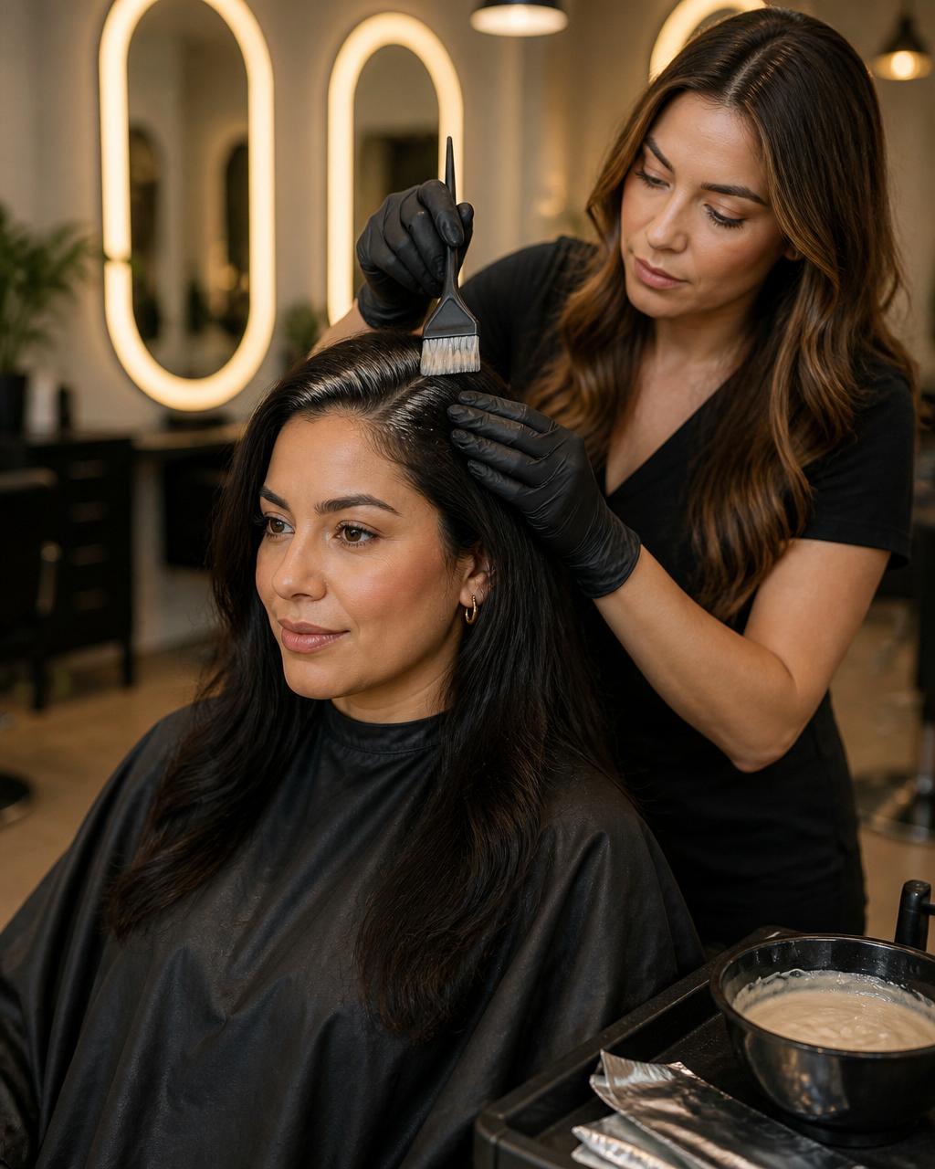Stylist applying a root touch-up color service to a client's roots at Hair Day Beauty Salon in Vallejo, CA