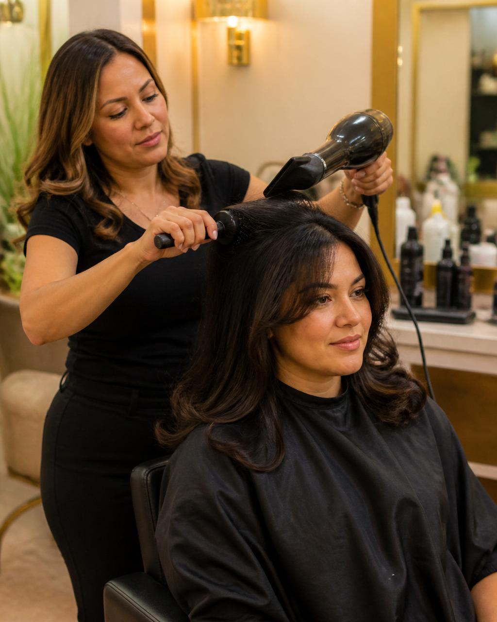 Woman receiving a professional blowout hairstyle at Hair Day Beauty Salon in Vallejo, CA