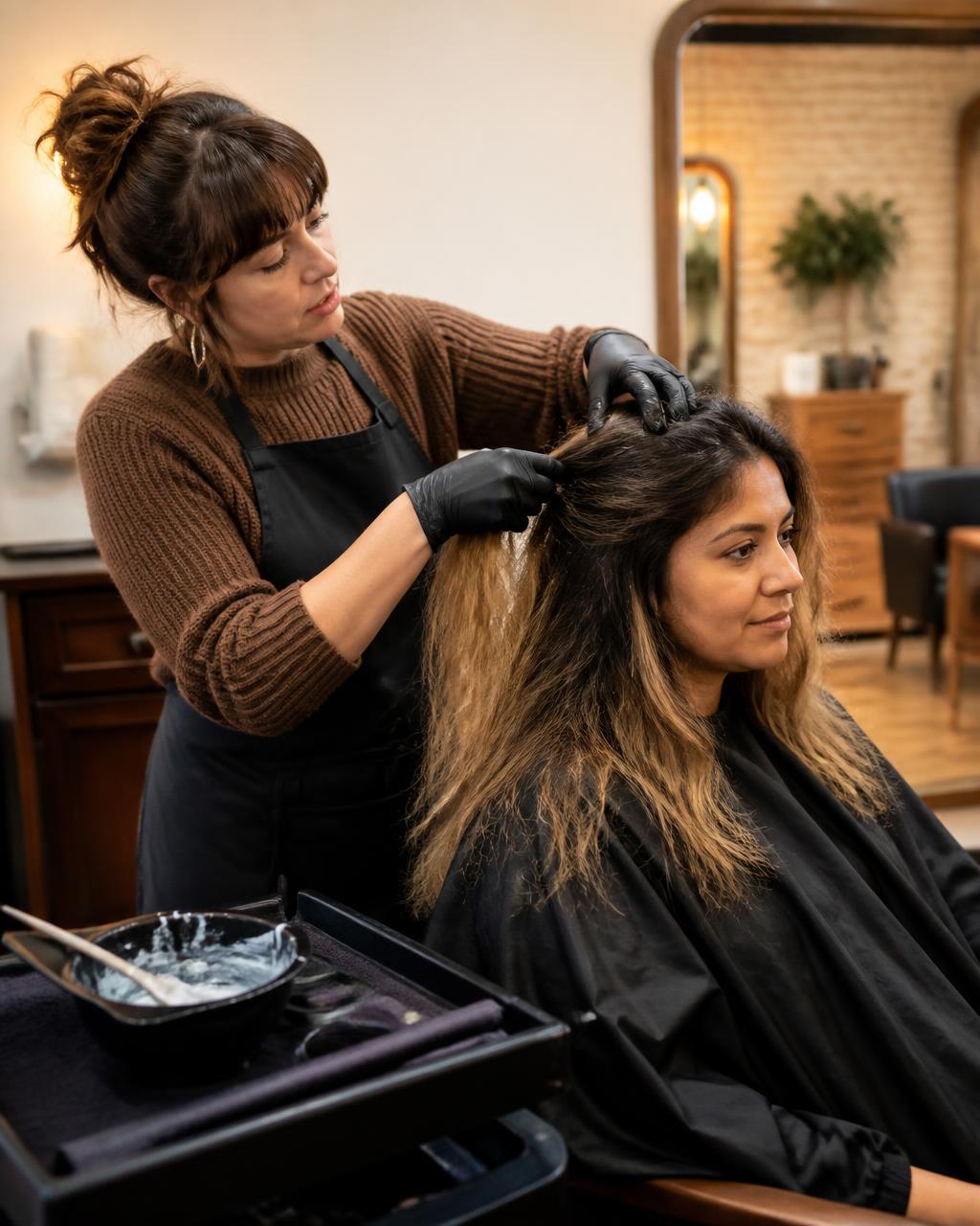 Stylist performing color correction at Hair Day Beauty Salon in Vallejo, CA