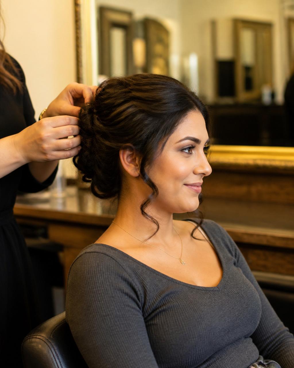 Woman getting a formal updo hairstyle for a special event at Hair Day Beauty Salon in Vallejo, CA
