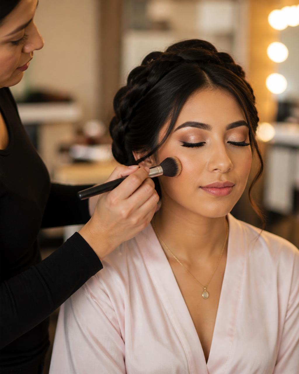 Makeup artist applying natural, polished special occasion makeup to a client preparing for a special event at Hair Day Beauty Salon in Vallejo, CA