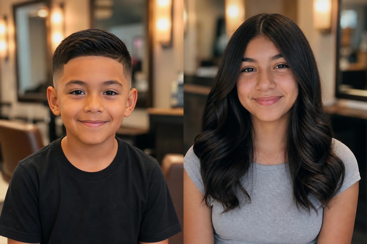 Kids haircut at Hair Day Beauty Salon Vallejo CA — Latina girl and boy with fresh haircuts